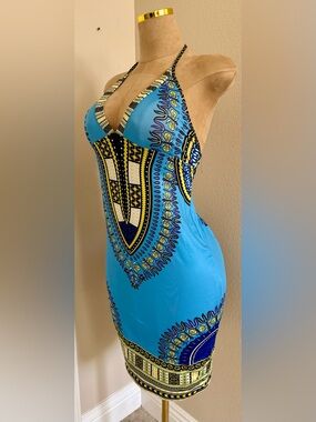Bright Blue Halter Dress with Bold Ethnic Motif